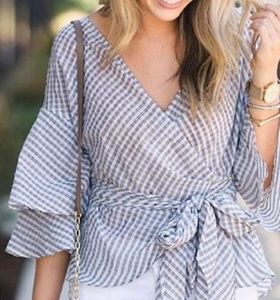 NWT Wayf blue and white wrap top